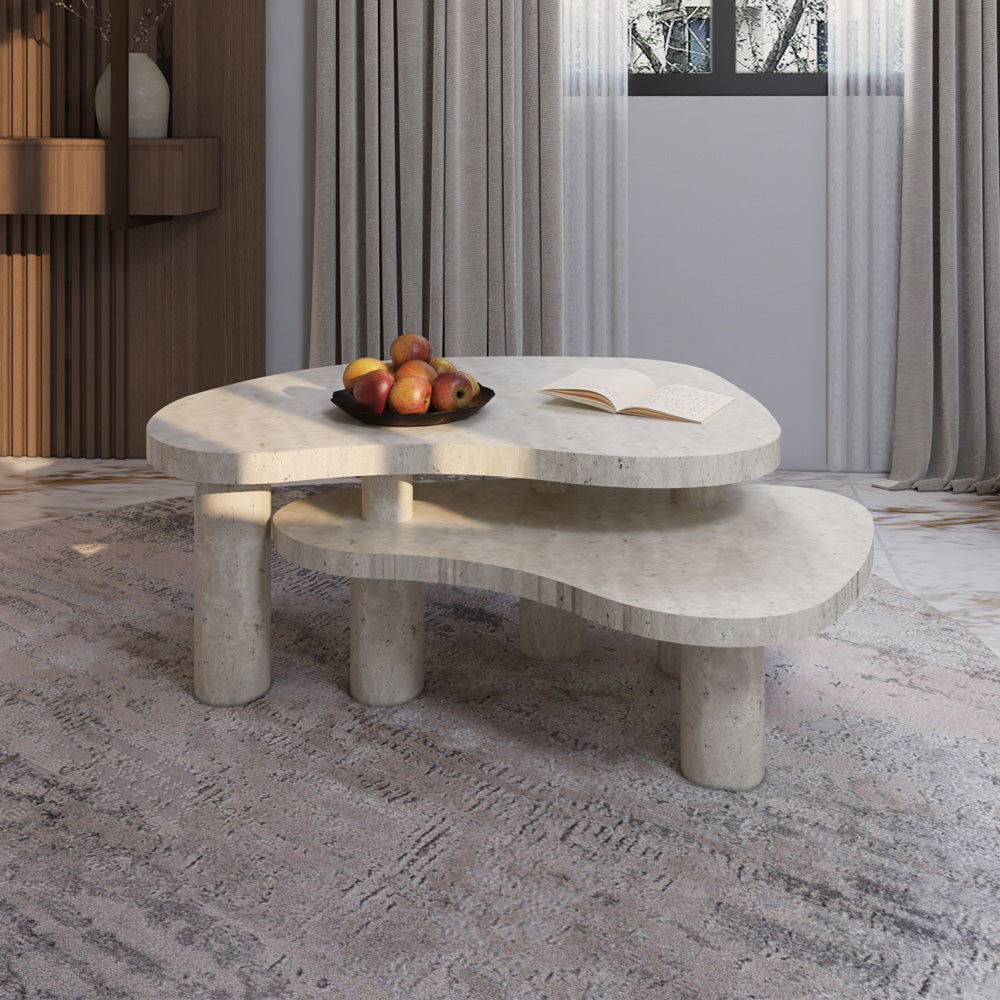 طاولة وسط رخام ترافنتينو مع قاعدة معدن  120x70x40 سم - أوف وايت