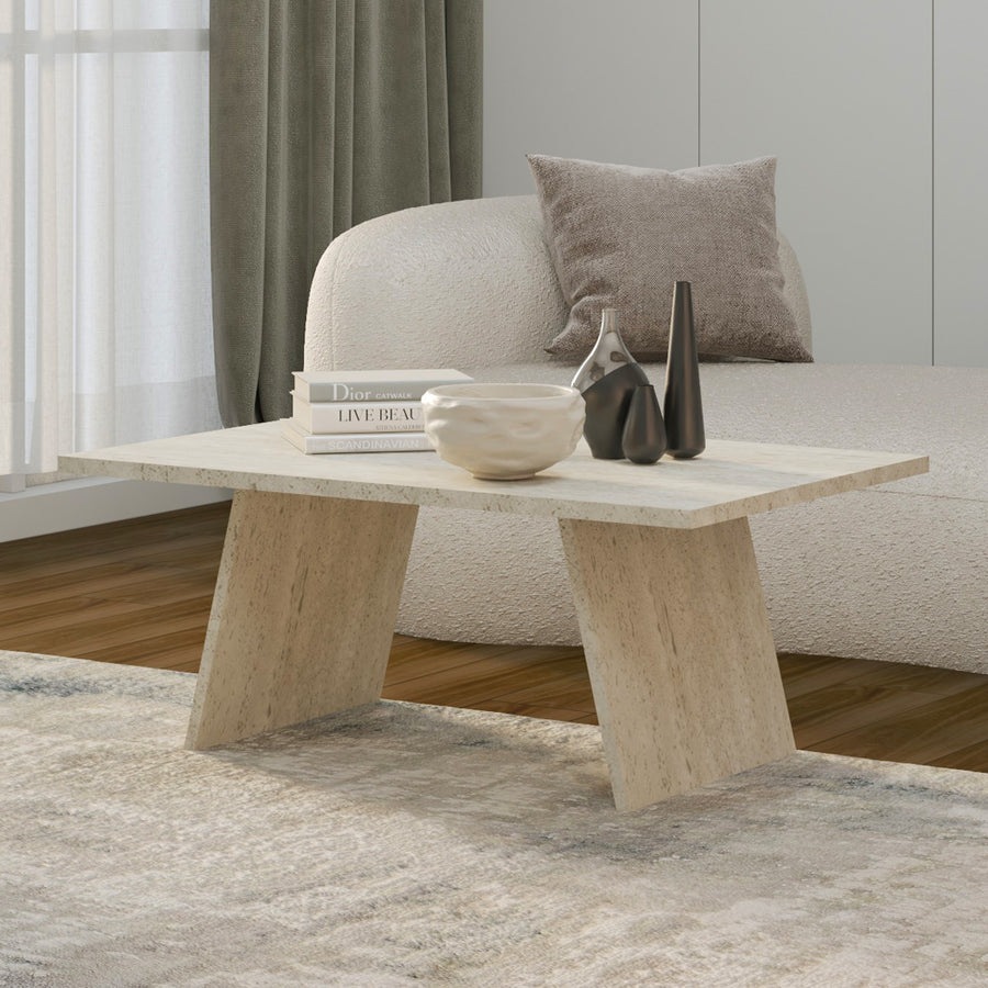 طاولة وسط من رخام تريفينتينو - 90x50x45 سم - أوف وايت من الهوم - 110110168