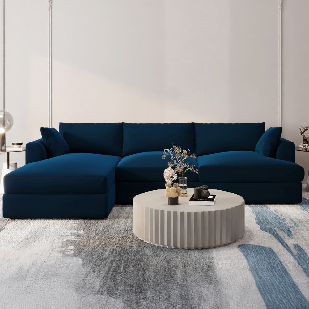 كنبة مخملية أنيقة على شكل حرف L باللون الأزرق الداكن - 240x150x45x85 سم - خشب سويدي 
