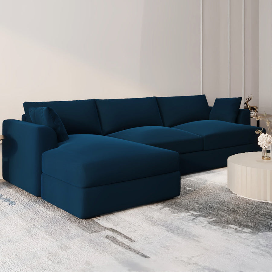 Elegant Dark Blue Velvet L-Shaped Sofa - 240x150x45x85 cm - Swedish Wood By Alhome
