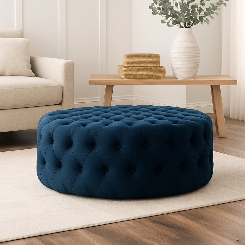 Alhome Linen Navy Pouf خشب ماليزي، قماش كتان، لون كحلي (70x45)