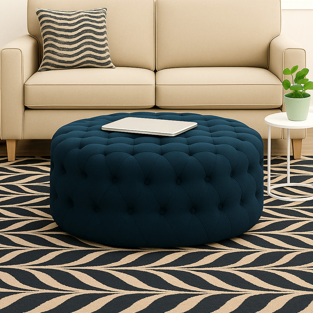 Alhome Linen Navy Pouf خشب ماليزي، قماش كتان، لون كحلي (70x45)