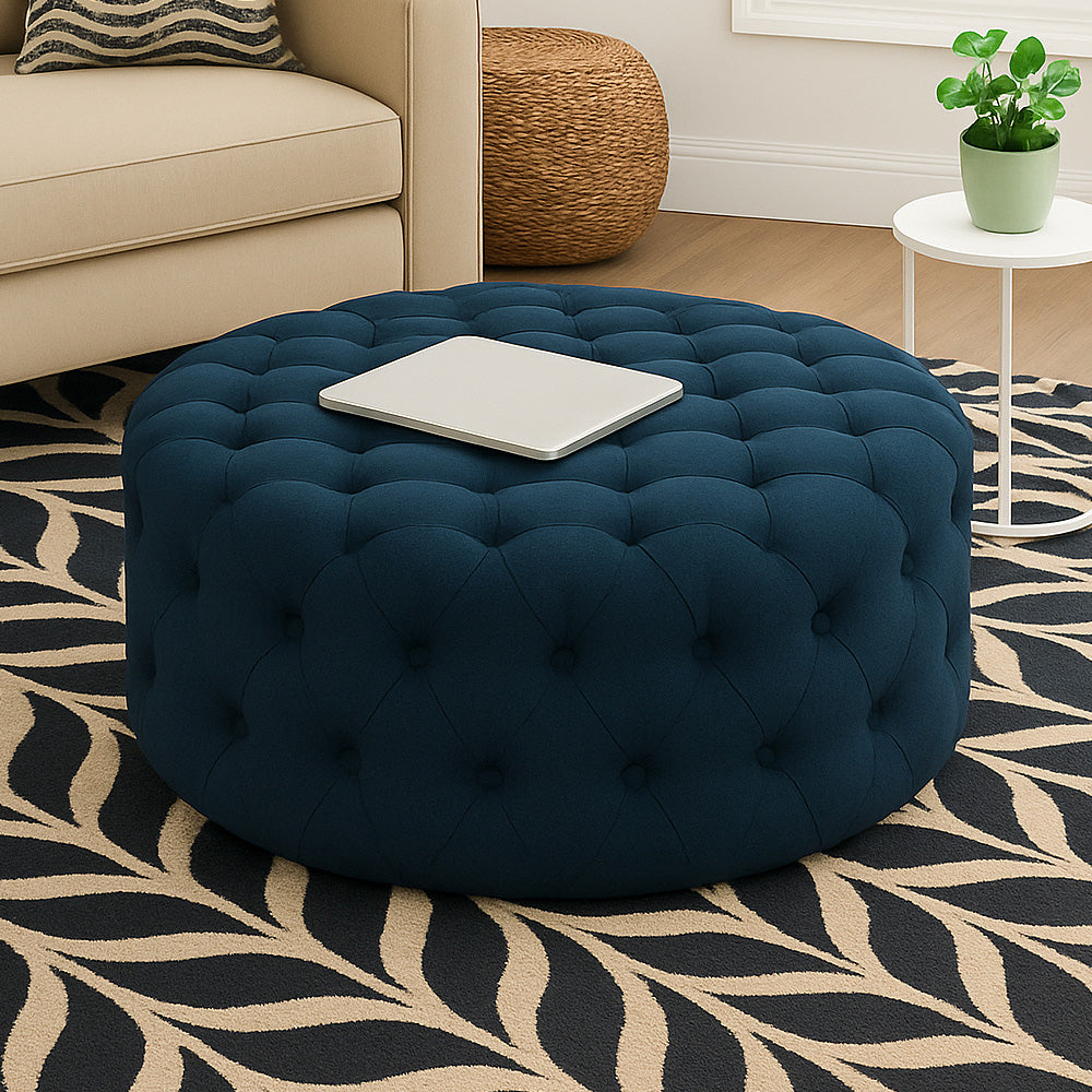 Alhome Linen Navy Pouf خشب ماليزي، قماش كتان، لون كحلي (70x45)
