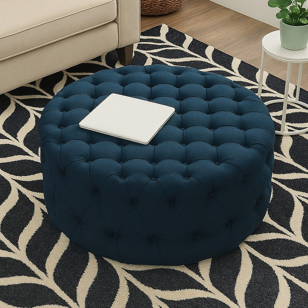 Alhome Linen Navy Pouf خشب ماليزي، قماش كتان، لون كحلي (70x45)