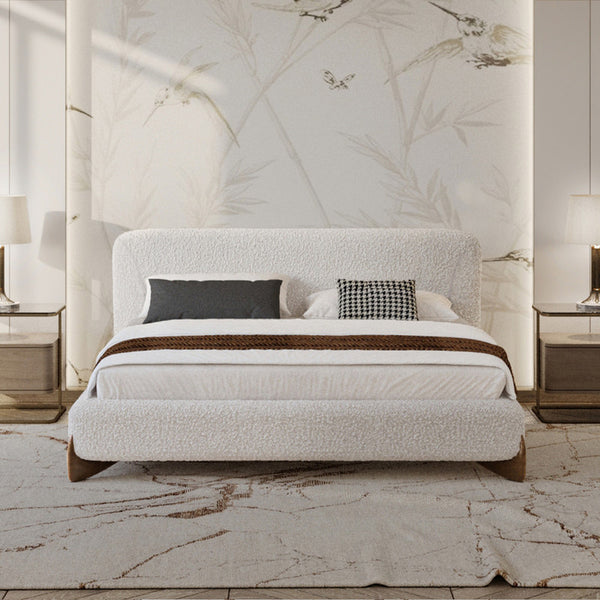 Bed Upholstered Bouclأ© Fabric And Luxurious Swedish Wood - White By Alhome - 110113771