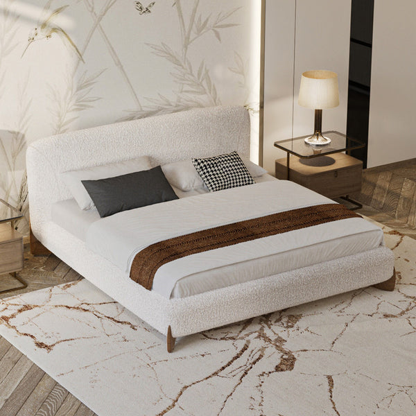 Bed Upholstered Bouclأ© Fabric And Luxurious Swedish Wood - White By Alhome - 110113771