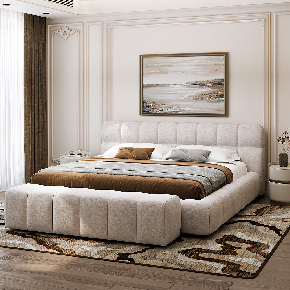 سرير عصري الهوم من قماش الشانيل والخشب السويدي - بيج فاتح