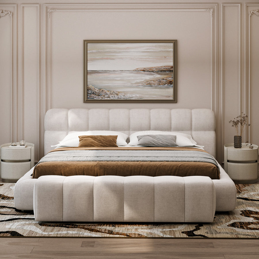 سرير كوين عصري الهوم من الشانيل والخشب السويدي  سم- بيج فاتح 