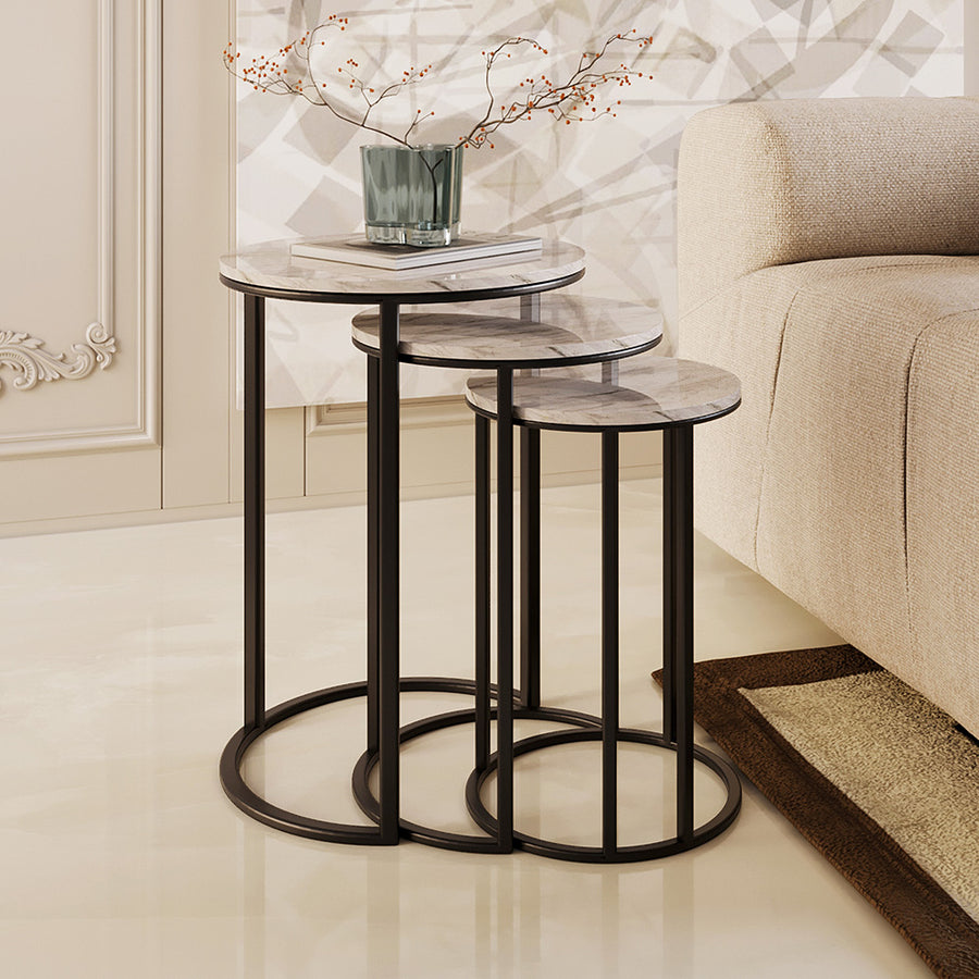 3-Pieces Marble Wood and Iron Side Table Set - Black and White