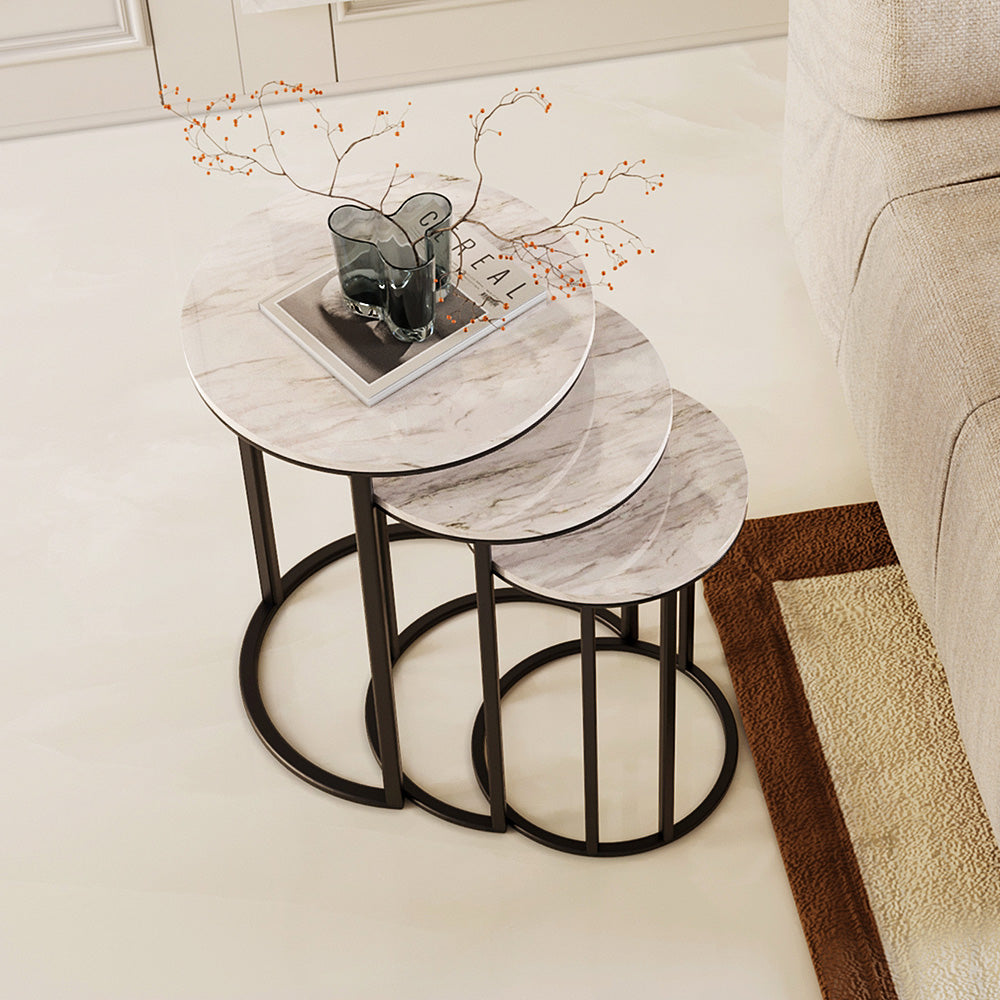 3-Pieces Marble Wood and Iron Side Table Set - Black and White