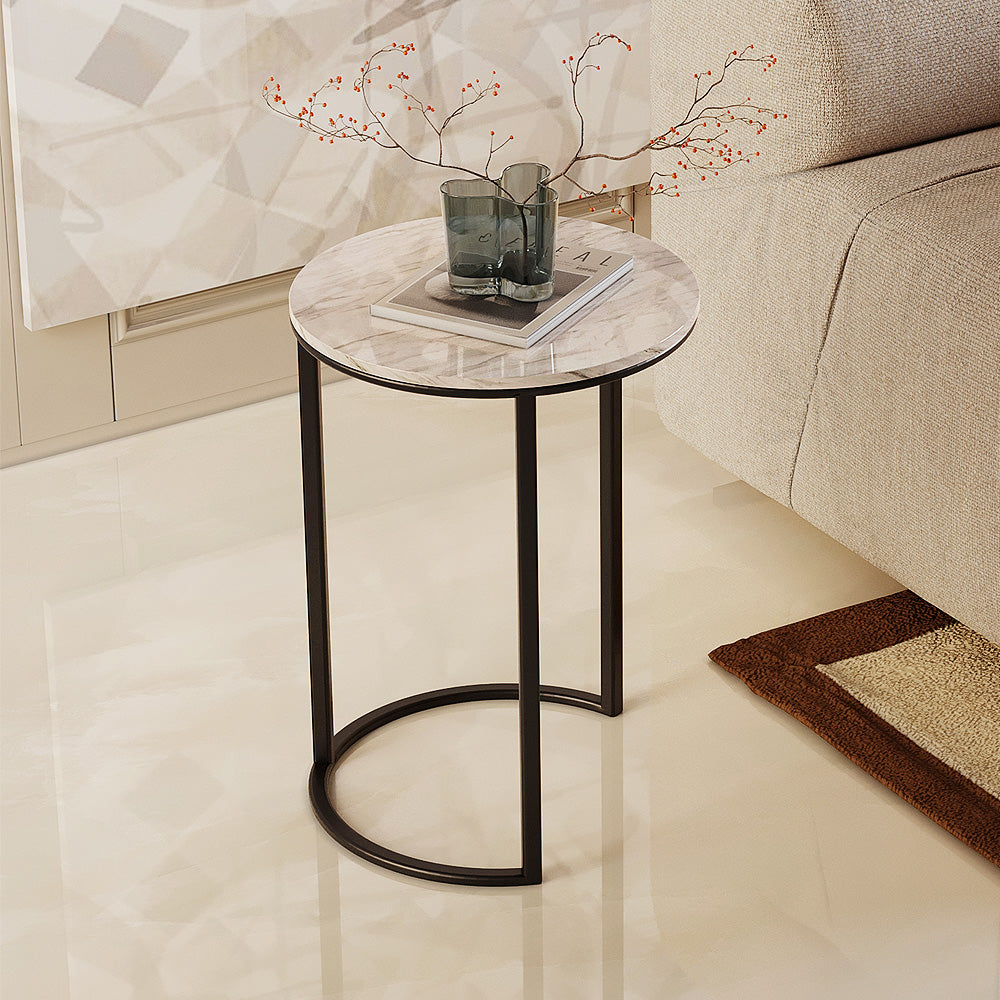 3-Pieces Marble Wood and Iron Side Table Set - Black and White
