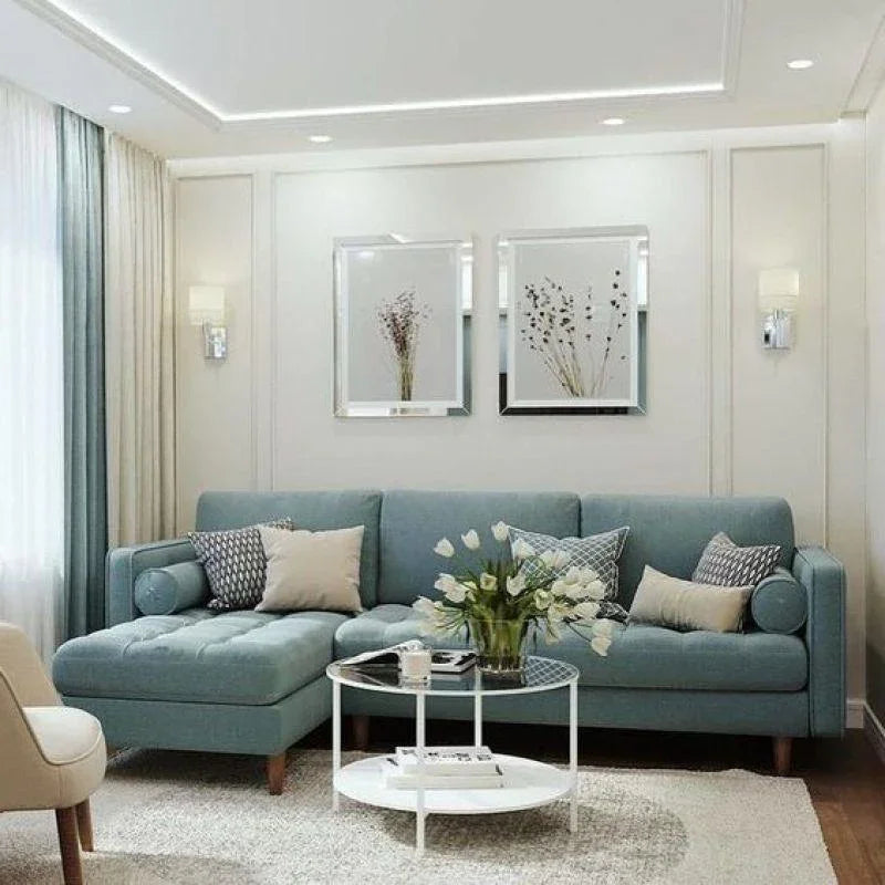 كنبة أنيقة على شكل حرف L من الكتان باللون الأزرق السماوي - 90x250x170x45 سم - خشب سويدي 