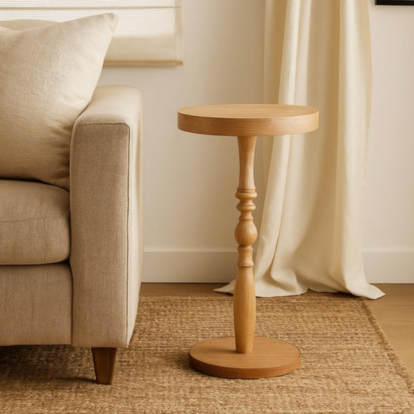 Elegant Wooden Round Side Table with Carved Base - 35 cm