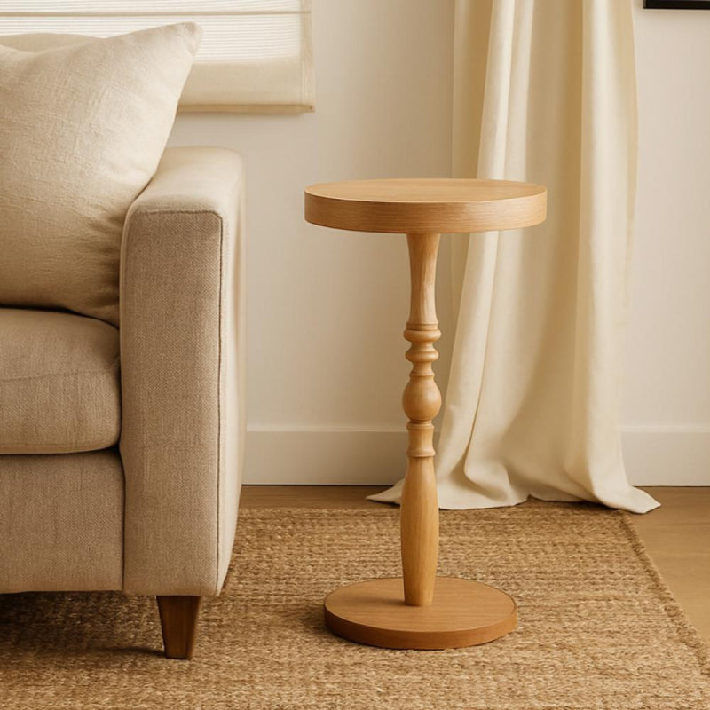 Elegant Wooden Round Side Table with Carved Base - 35 cm
