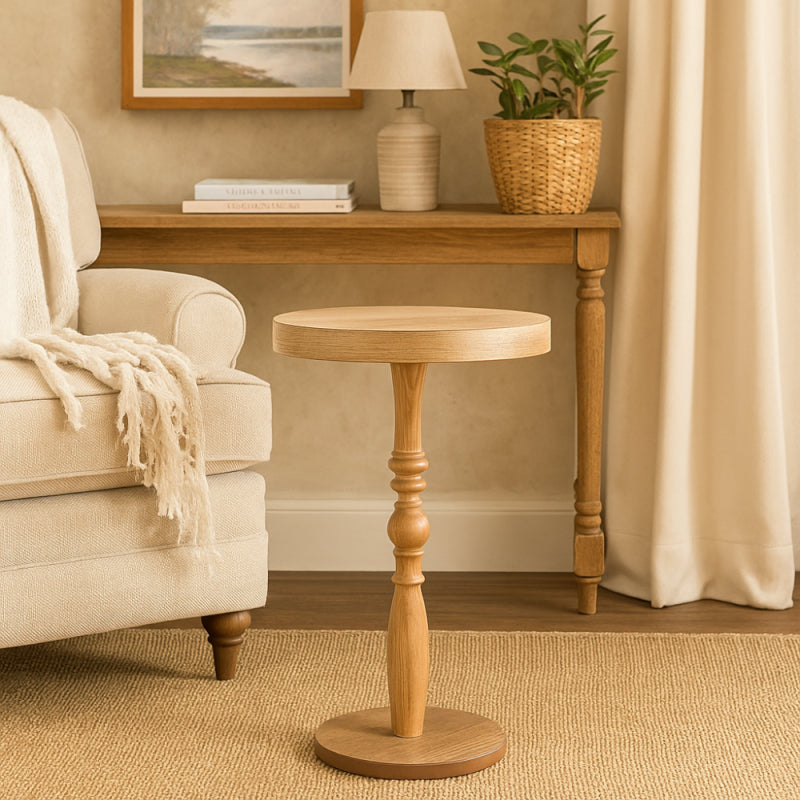 Elegant Wooden Round Side Table with Carved Base - 35 cm