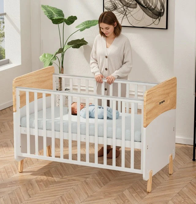 Wooden Convertible Baby Crib to Toddler Bed with Mosquito Net, White/Almond - WBB910-1