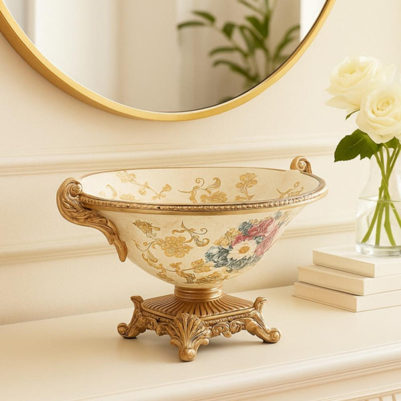 Luxurious Decorative Bowl with a Classic Ornate Design and Gold Accents - Gold and Off White - 34 cm