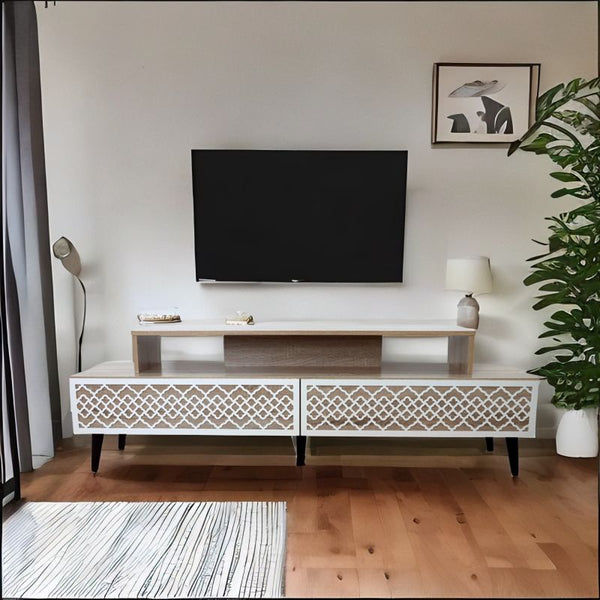 Tv Table With Ornate Carvings From Malaysian Wood - Brown - 160x40x50 - From Baity