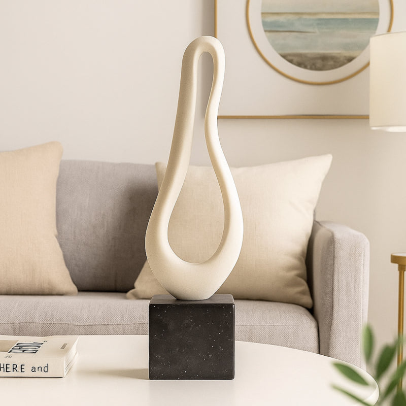 Modern Sculpture with Elegant Base - Beige and Black - 14x14x67 cm