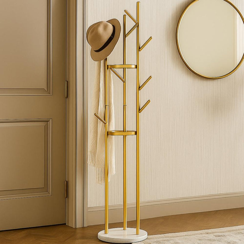 رف ملابس عصري قائم على الأرض مزود بخطافات متعددة وقاعدة رخامية - 170 × 32 سم - ذهبي