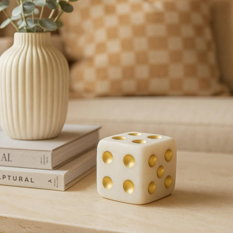 Elegant Dice Figurine - Beige and Gold - 7x7x7 cm