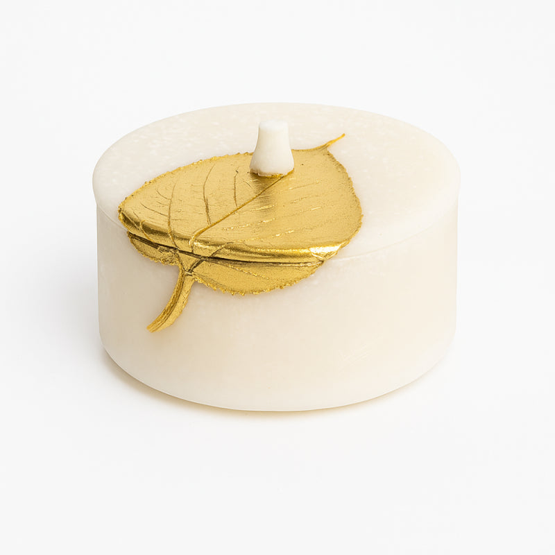 Elegant Decorative Box with a Gold Lid and Luxurious Leaf Design - 14 cm - Beige and Gold