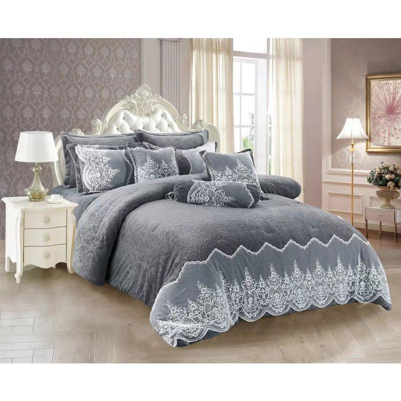 Lace Velvet Bedding 9 Pieces - Double - Indigo By Alhome - ALHOME