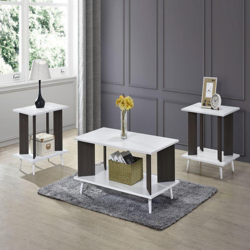 3-Piece Set Of Malaysian Wood Side Tables With Two Layers - White And Dark Brown - 110x55x45 cm - By Baity - ALHOME