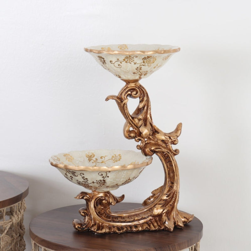 Decorative Ceramic Ornament 2 Plates with Gold Base - 26x20x36 cm - Beige and Gold