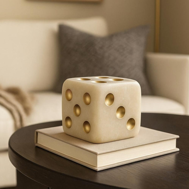Elegant Dice Figurine - Beige and Gold - 14 cm