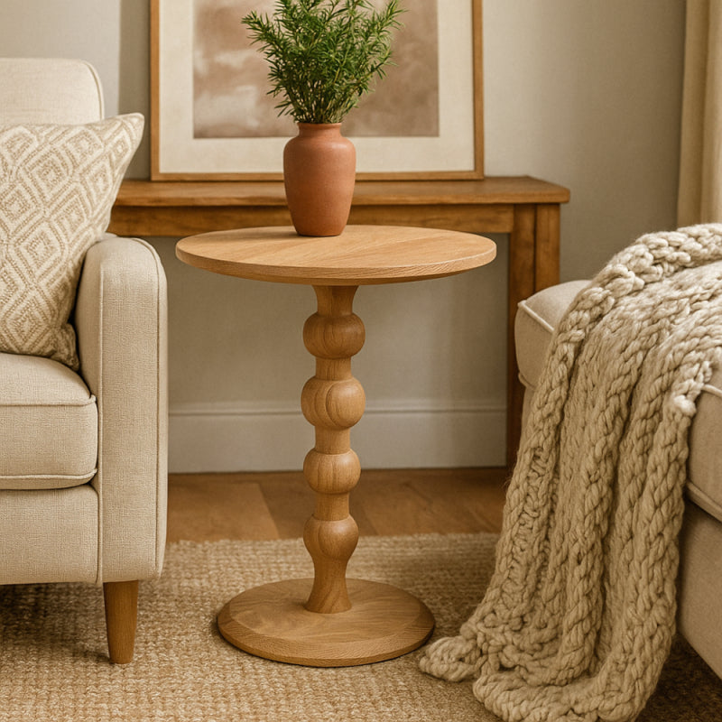 Elegant Round Wooden Side Table with Carved Base - 40 cm - Brown