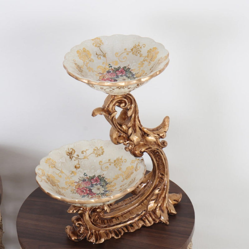 Decorative Ceramic Ornament 2 Plates with Gold Base - 26x20x36 cm - Beige and Gold