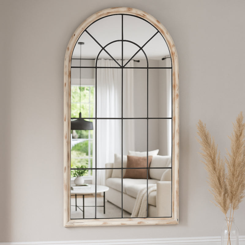 Decorative Arched Mirror with an Elegant Wooden Frame - White and Brown - 80x3x140 cm