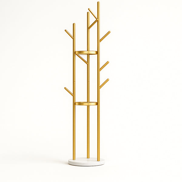 Modern Floor-Standing Clothes Rack with Multiple Hooks and Marble Base - 170x32 cm - Gold