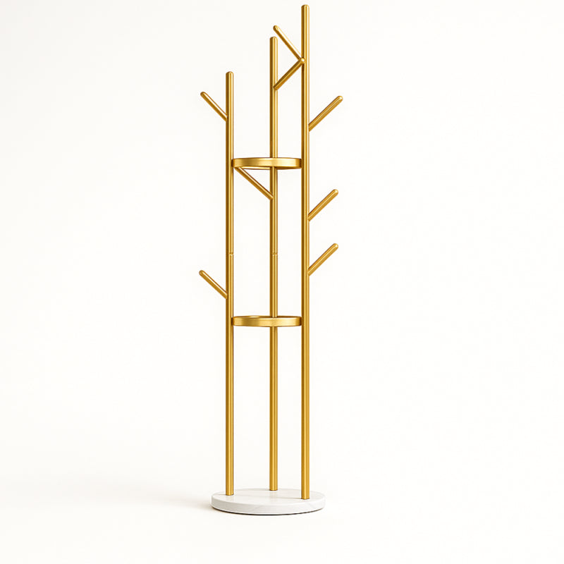 Modern Floor-Standing Clothes Rack with Multiple Hooks and Marble Base - 170x32 cm - Gold