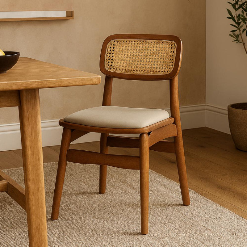 Wooden Chair with Natural Straw Back and Padded Seat - 42x42x80 cm