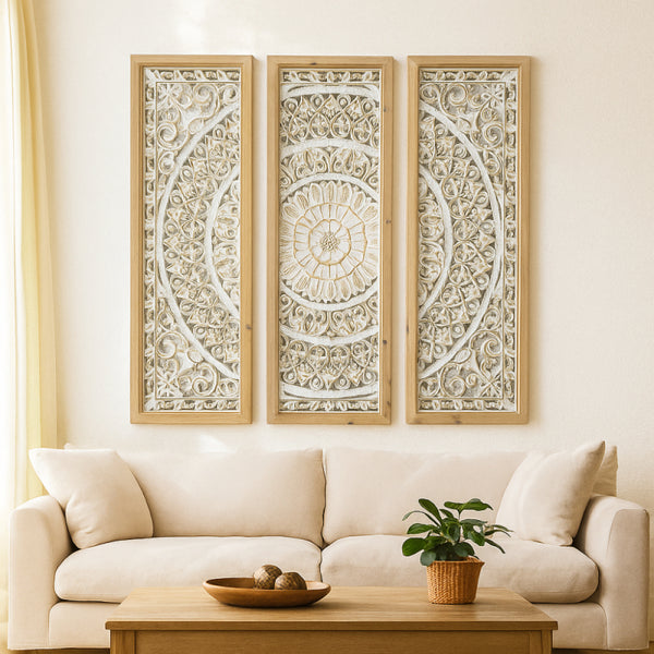 Triple Wall Art with a Soft Decorative Design and Elegant Wooden Frame - White and Brown - 95x95 cm