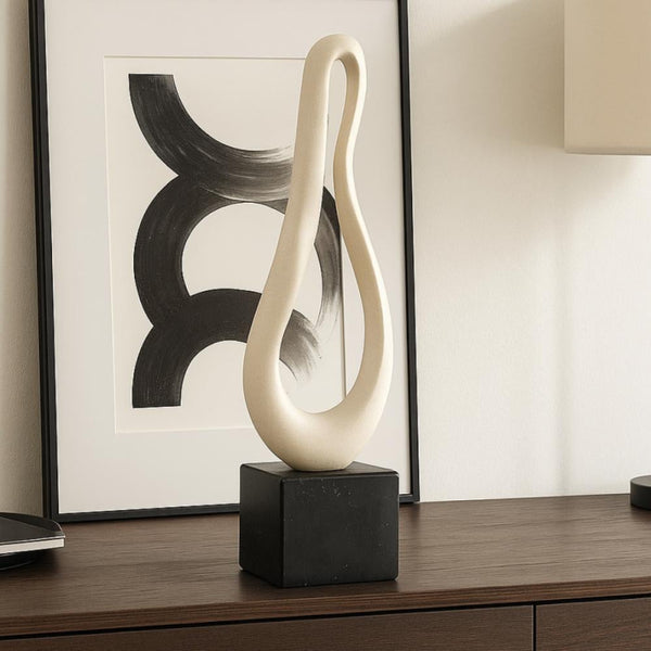 Modern Sculpture with Elegant Base - Beige and Black - 14x14x67 cm