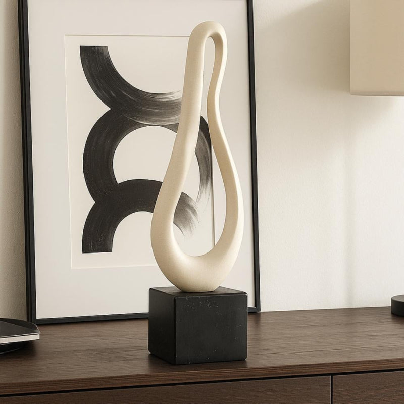 Modern Sculpture with Elegant Base - Beige and Black - 14x14x67 cm