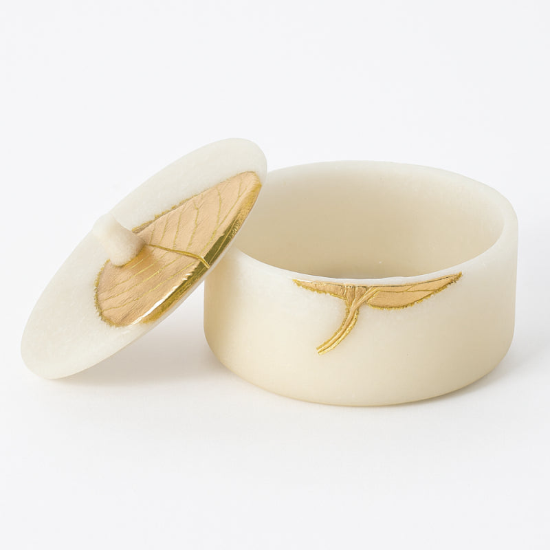 Elegant Decorative Box with a Gold Lid and Luxurious Leaf Design - 14 cm - Beige and Gold