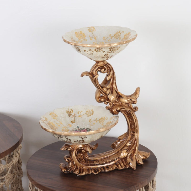 Decorative Ceramic Ornament 2 Plates with Gold Base - 26x20x36 cm - Beige and Gold