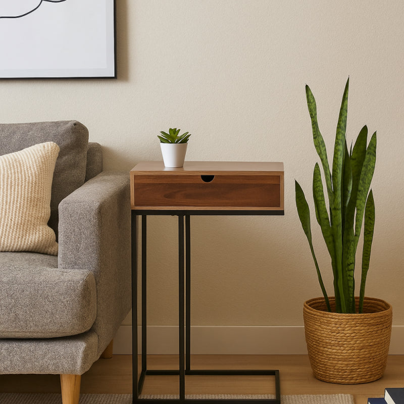 Modern Side Table with Drawer and Metal Base - 40x30x60 cm