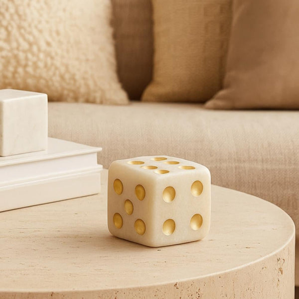Elegant Dice Figurine - Beige and Gold - 7x7x7 cm