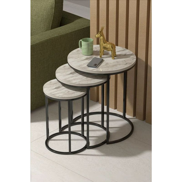 3-Pieces Marble Wood and Iron Side Table Set - Black and White