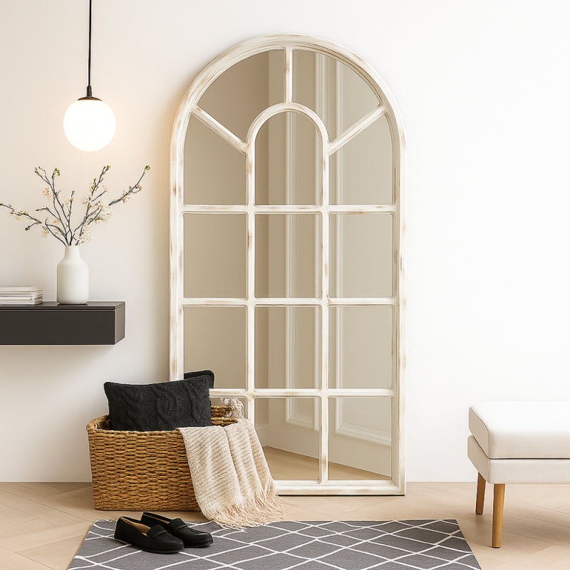 Mirror with an Antique White Frame and Elegant Window Design - White - 86x4x165 cm