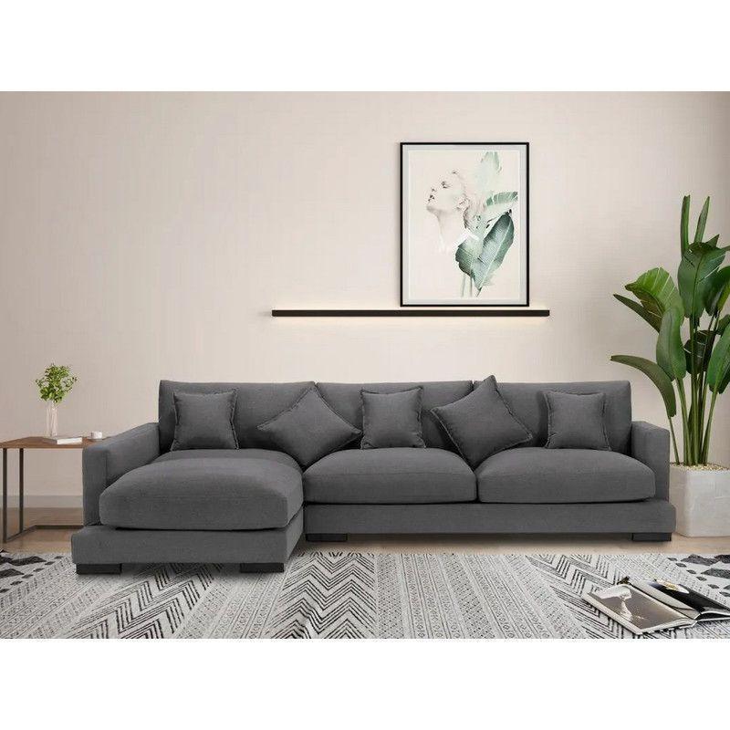 كنبة كتان رمادية أنيقة على شكل حرف L - موديل 90x250x170x45 سم - خشب سويدي  - 110111039

