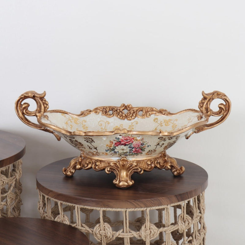 Luxury Ceramic Plate with Gold Handles - 43x26x17 cm - Beige and Gold