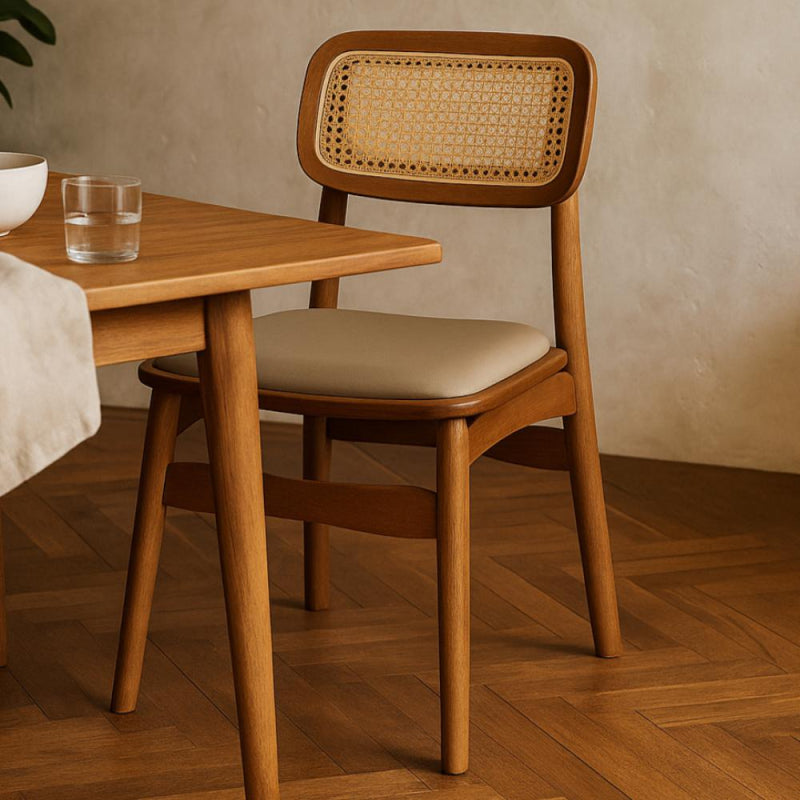 Wooden Chair with Natural Straw Back and Padded Seat - 42x42x80 cm