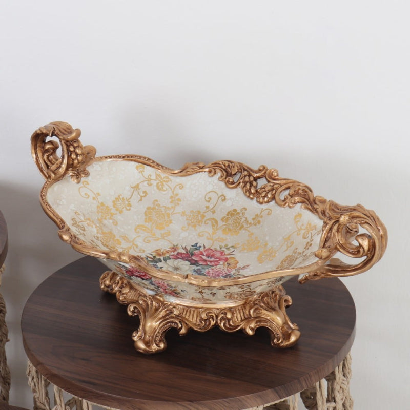 Luxury Ceramic Plate with Gold Handles - 43x26x17 cm - Beige and Gold