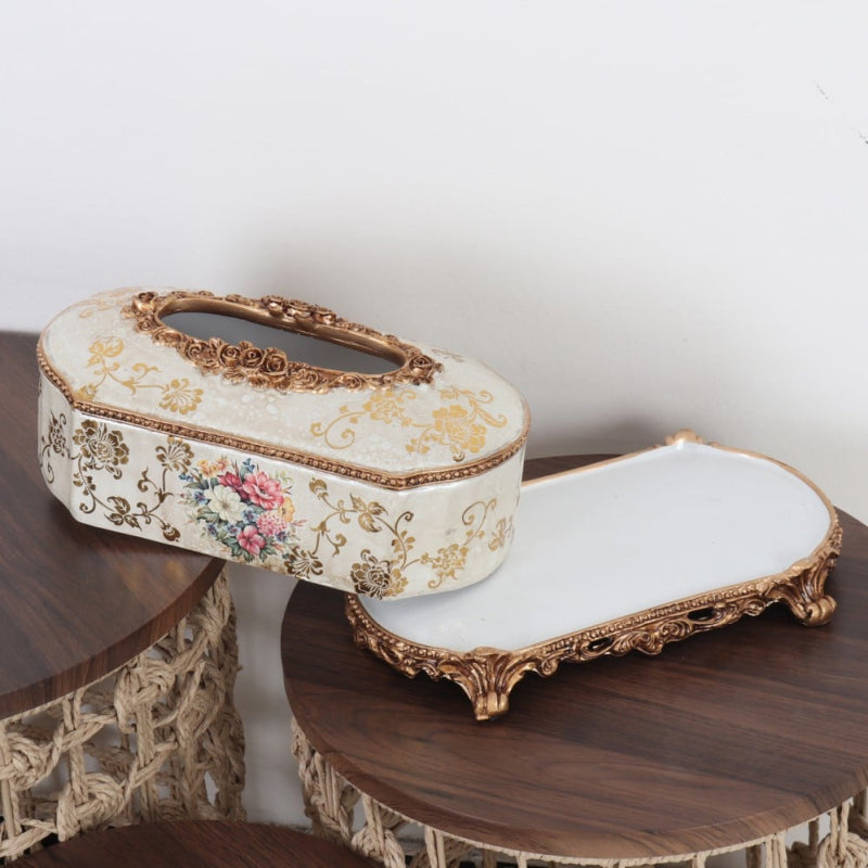 Decorative Ceramic Tissue Box - 28×15×13 cm - Beige and Gold